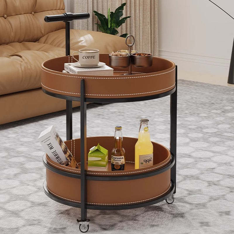 Contemporary Leather Iron 2-Tier Round Rolling End Table