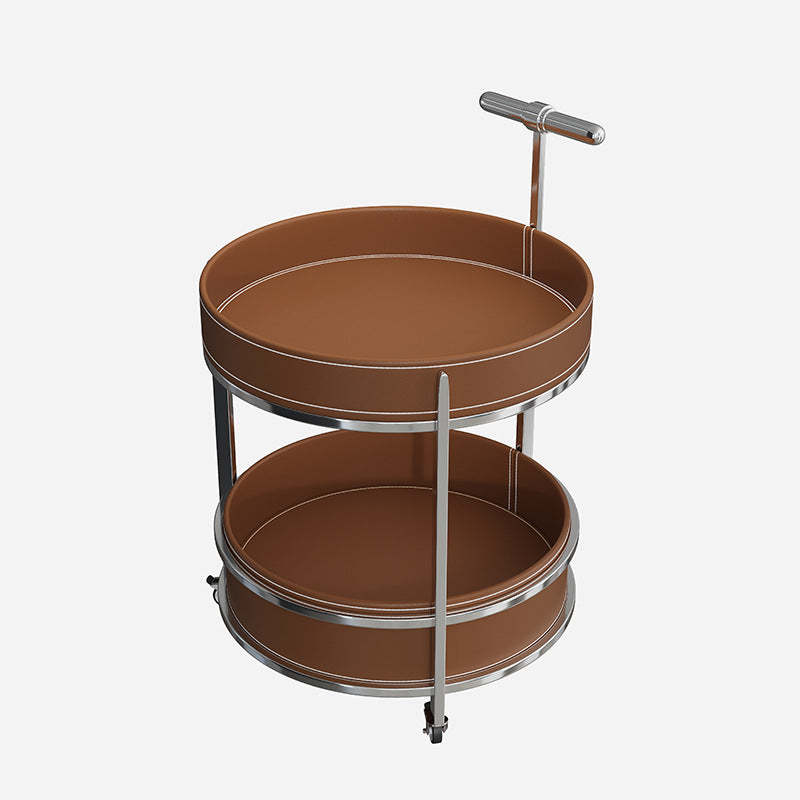 Contemporary Leather Iron 2-Tier Round Rolling End Table