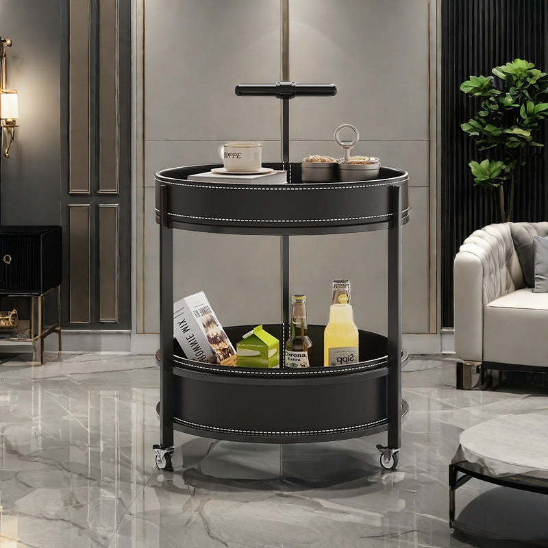 Contemporary Leather Iron 2-Tier Round Rolling End Table — White