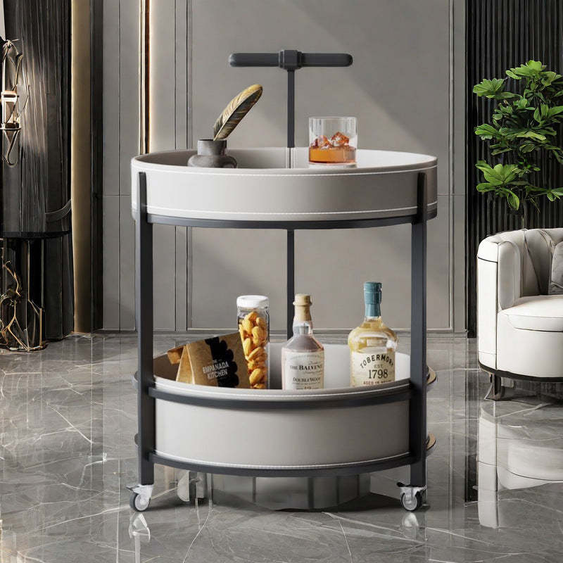 Contemporary Leather Iron 2-Tier Round Rolling End Table — Brown