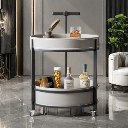 Contemporary Leather Iron 2-Tier Round Rolling End Table — Brown