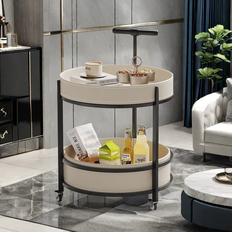 Contemporary Leather Iron 2-Tier Round Rolling End Table