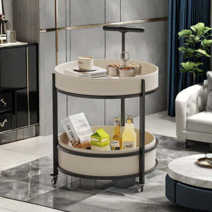 Contemporary Leather Iron 2-Tier Round Rolling End Table