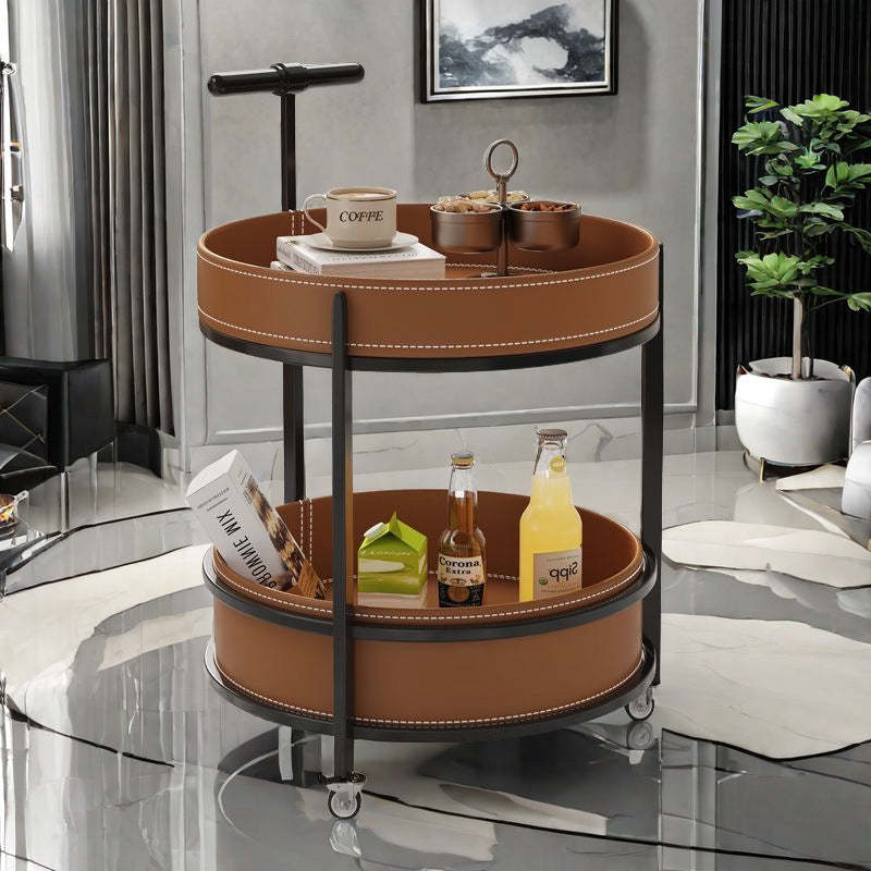 Contemporary Leather Iron 2-Tier Round Rolling End Table
