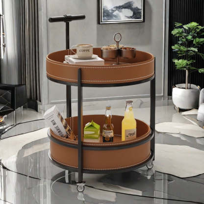 Contemporary Leather Iron 2-Tier Round Rolling End Table