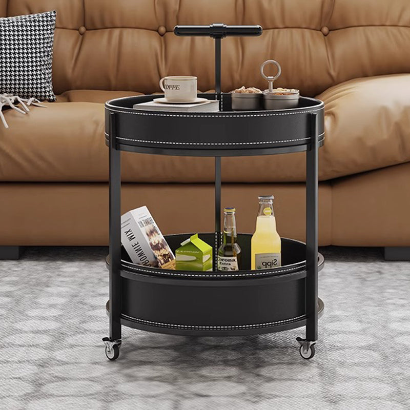 Contemporary Leather Iron 2-Tier Round Rolling End Table