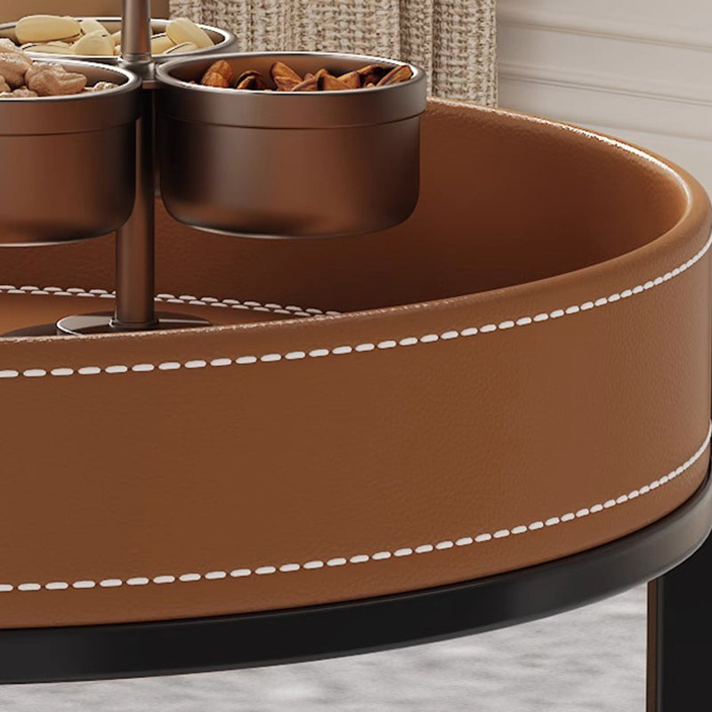 Contemporary Leather Iron 2-Tier Round Rolling End Table — Black