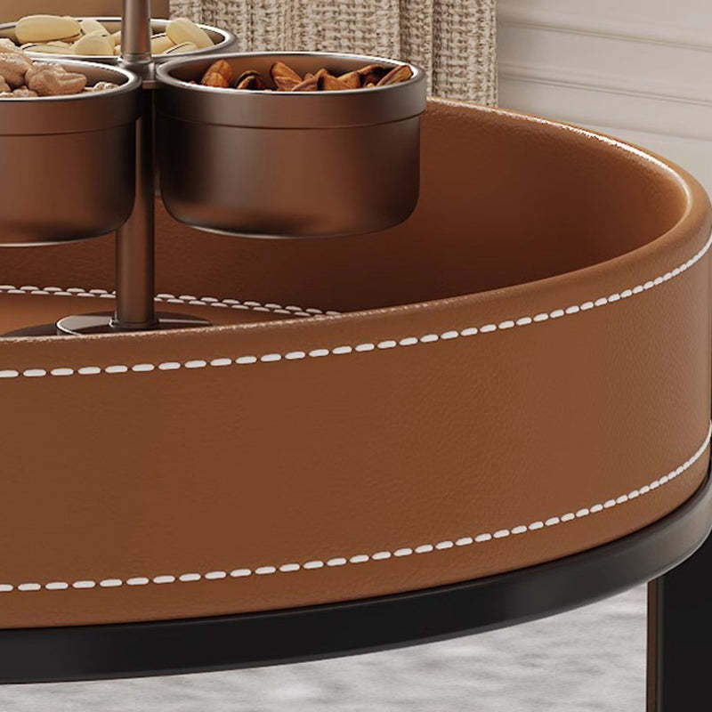 Contemporary Leather Iron 2-Tier Round Rolling End Table — Black