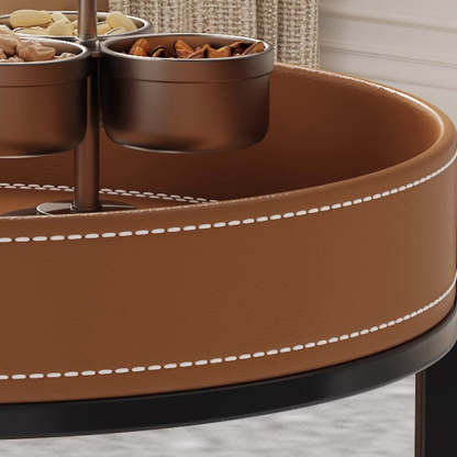 Contemporary Leather Iron 2-Tier Round Rolling End Table — Black