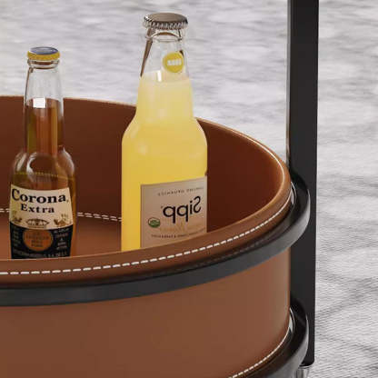 Contemporary Leather Iron 2-Tier Round Rolling End Table