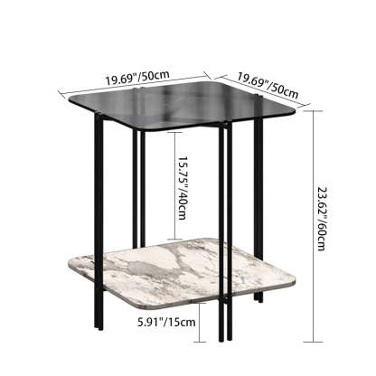 Contemporary Stone Panel Metal 2-Tier Square End Table — Fluted Glass + Snow White Stone Panel