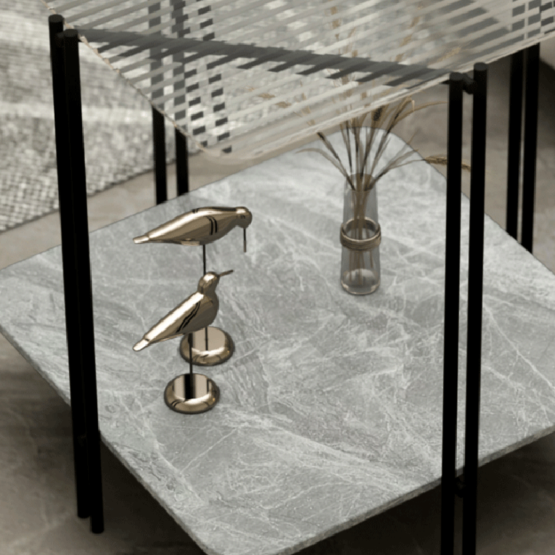 Contemporary Stone Panel Metal 2-Tier Square End Table — Fluted Glass + Italian Grey Stone Panel