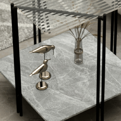 Contemporary Stone Panel Metal 2-Tier Square End Table — Fluted Glass + Italian Grey Stone Panel