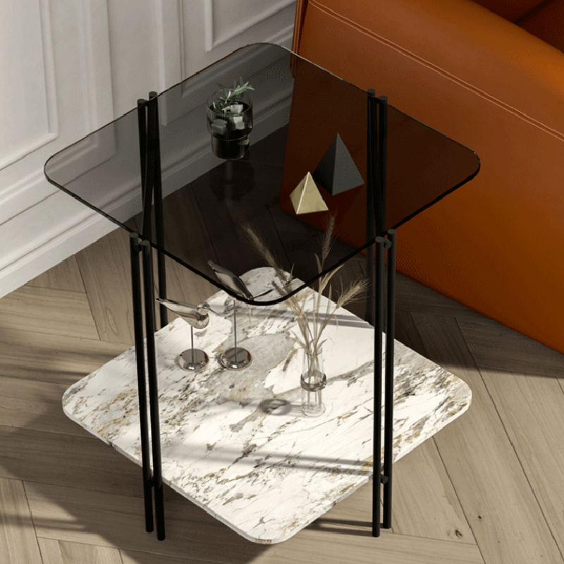 Contemporary Stone Panel Metal 2-Tier Square End Table — Grey Glass + Snow White Stone Panel