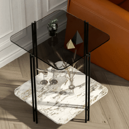 Contemporary Stone Panel Metal 2-Tier Square End Table — Grey Glass + Snow White Stone Panel