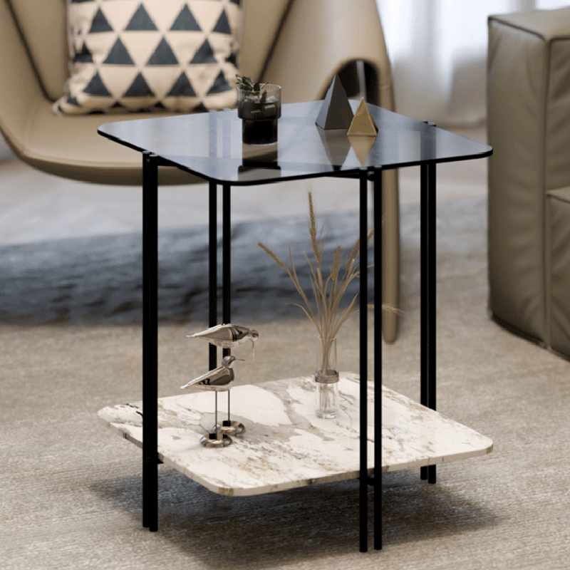 Contemporary Stone Panel Metal 2-Tier Square End Table — Fluted Glass + Pandora Stone Panel