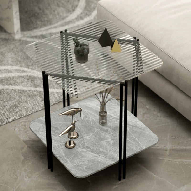 Contemporary Stone Panel Metal 2-Tier Square End Table