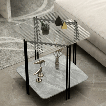 Contemporary Stone Panel Metal 2-Tier Square End Table