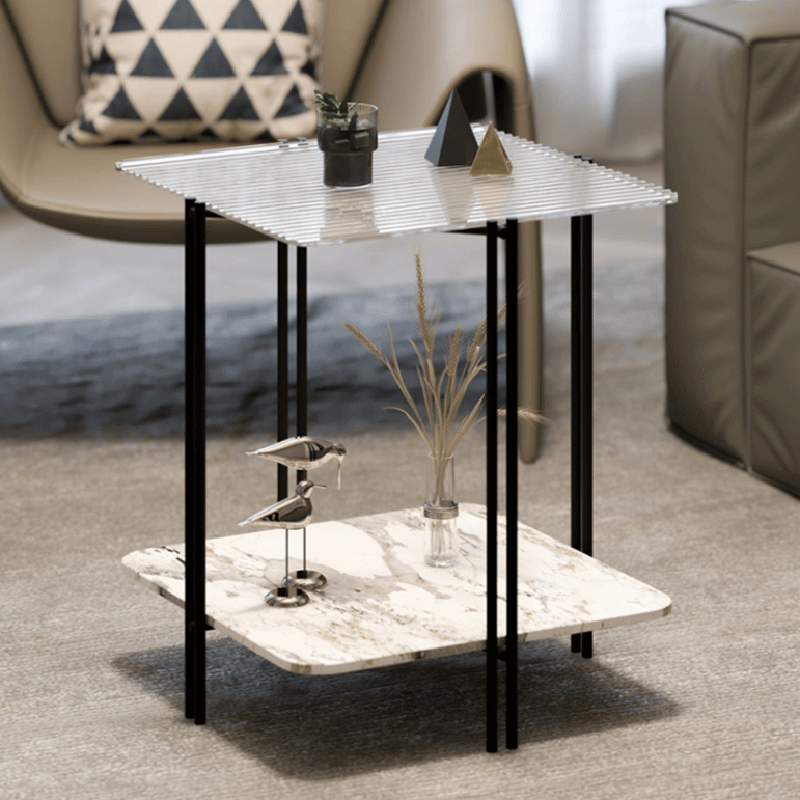 Contemporary Stone Panel Metal 2-Tier Square End Table