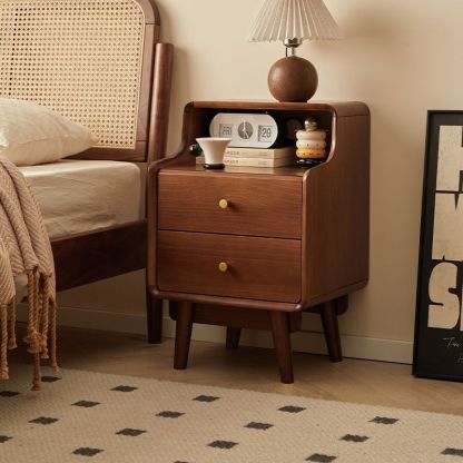 Japanese Wood 2-Tier Storage Nightstand — Walnut Wood Color