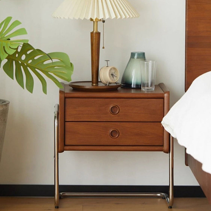Retro Wood Metal 2-Drawer Nightstand — Wood Color