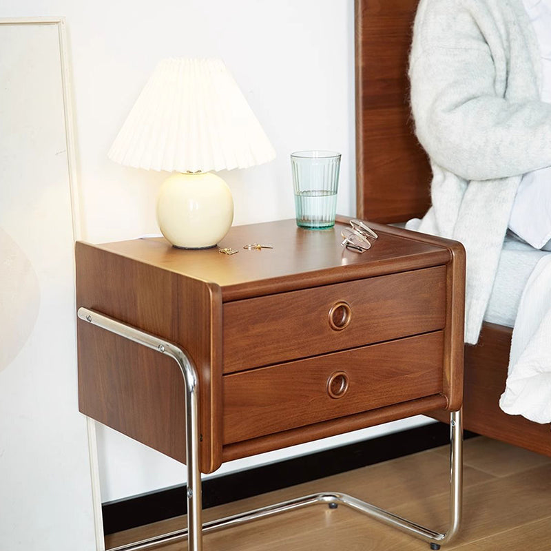 Retro Wood Metal 2-Drawer Nightstand