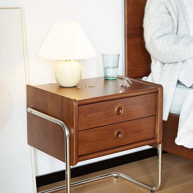 Retro Wood Metal 2-Drawer Nightstand