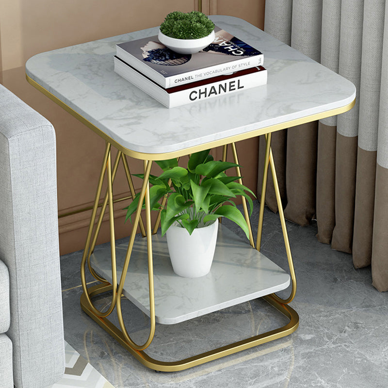 Contemporary Sintered Stone Metal 2-Tier Square End Table — Double Layer Gold Frame + Black Table Top