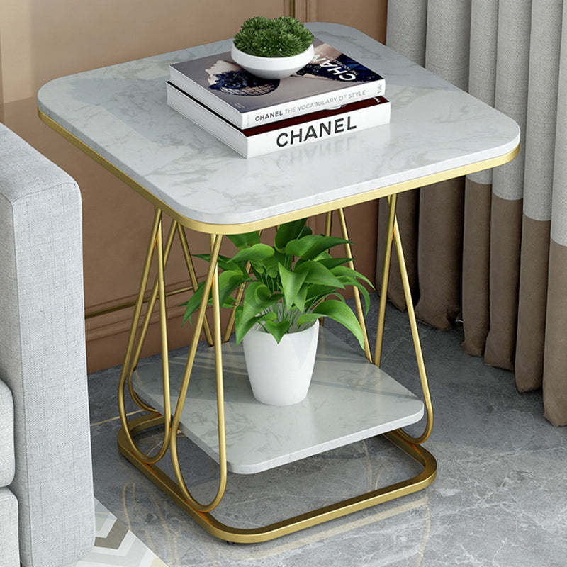 Contemporary Sintered Stone Metal 2-Tier Square End Table — Double Layer Gold Frame + Black Table Top