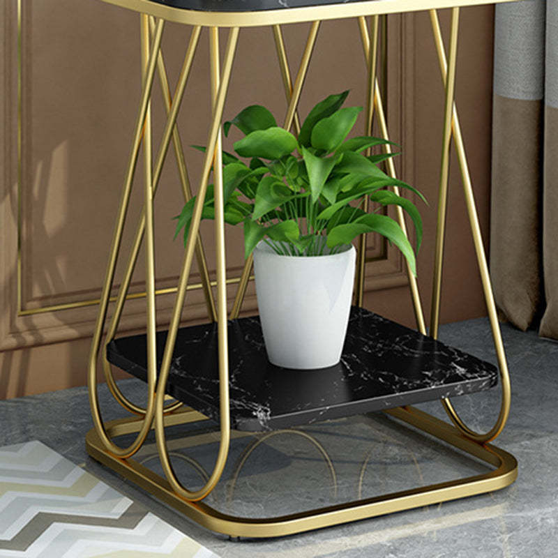 Contemporary Sintered Stone Metal 2-Tier Square End Table — Double Layer Gold Frame + White Table Top