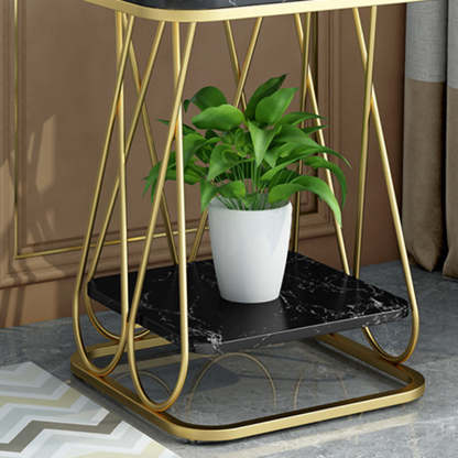 Contemporary Sintered Stone Metal 2-Tier Square End Table — Double Layer Gold Frame + White Table Top