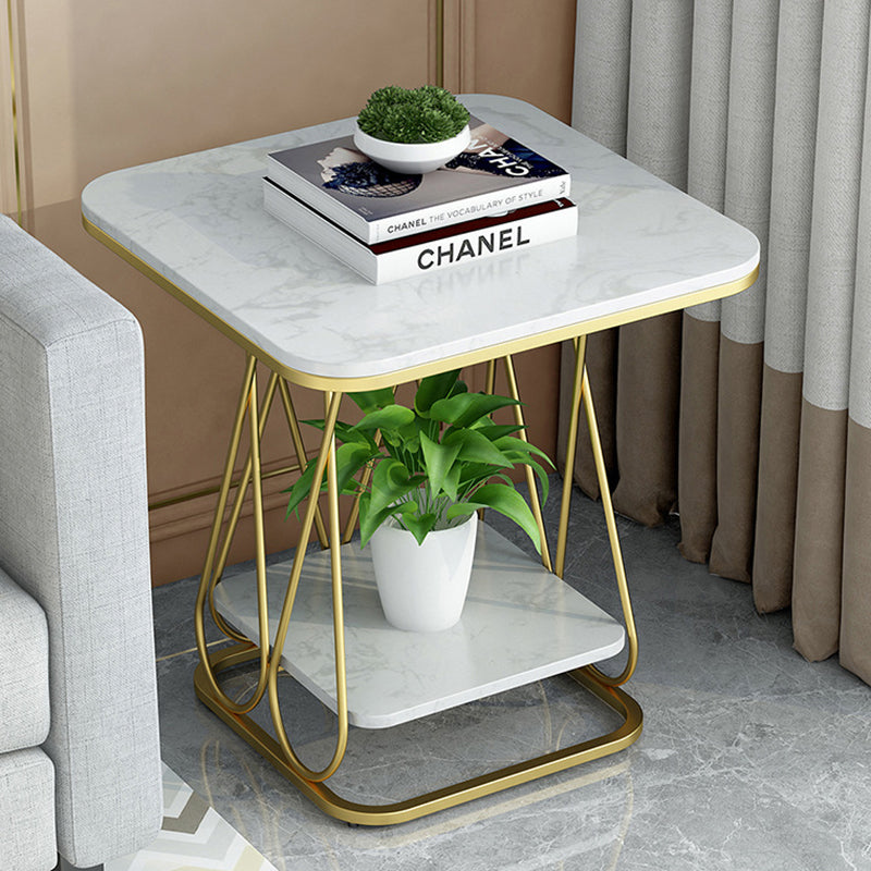 Contemporary Sintered Stone Metal 2-Tier Square End Table — Single Layer Black Frame + Black Table Top