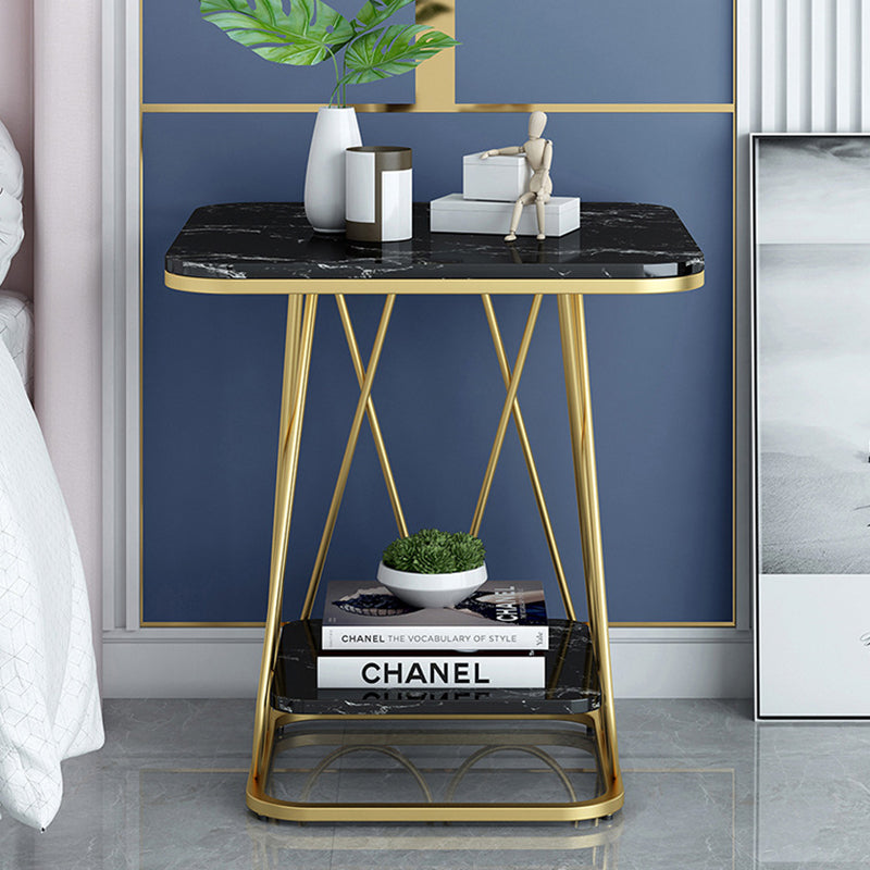Contemporary Sintered Stone Metal 2-Tier Square End Table — Single Layer Black Frame + White Table Top