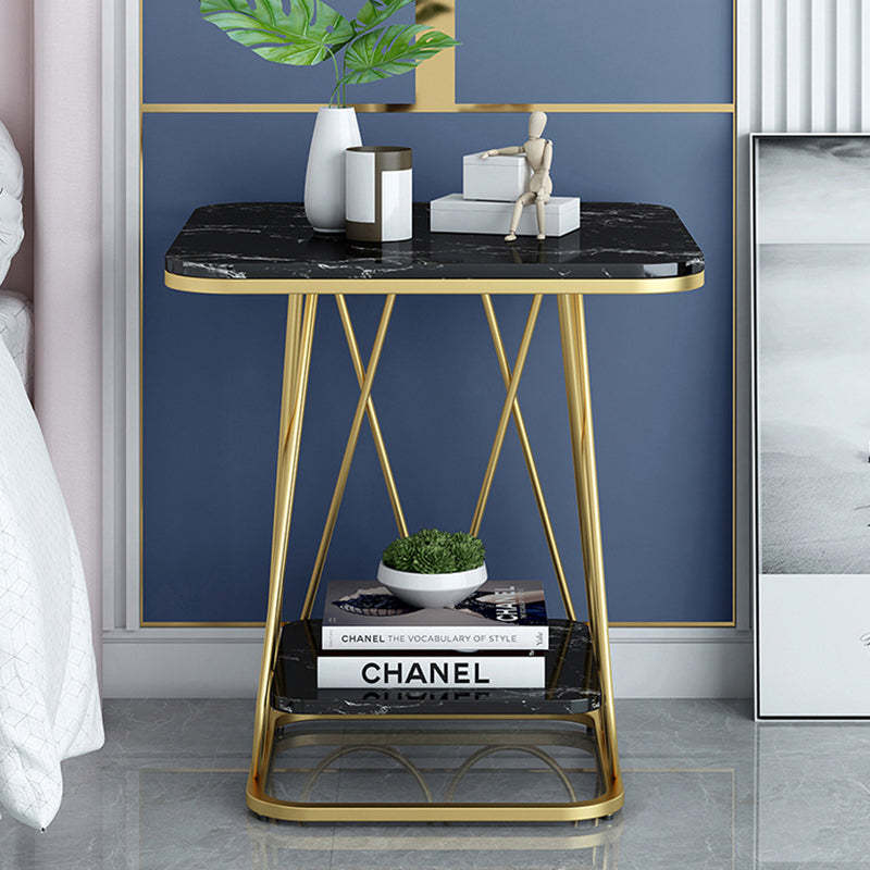 Contemporary Sintered Stone Metal 2-Tier Square End Table — Single Layer Black Frame + White Table Top