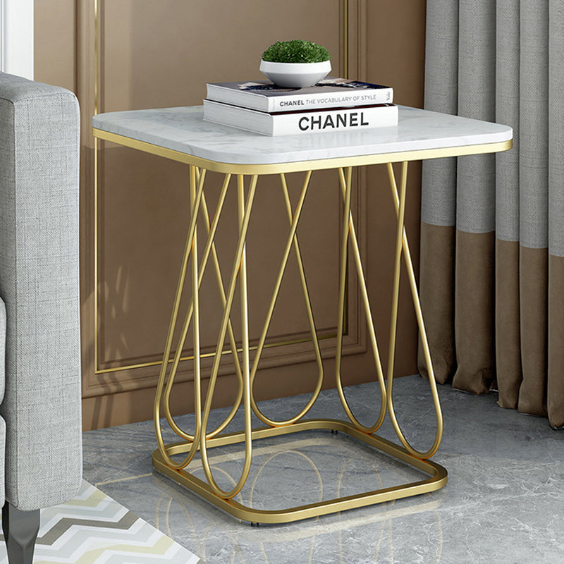 Contemporary Sintered Stone Metal 2-Tier Square End Table — Single Layer Gold Frame + White Table Top