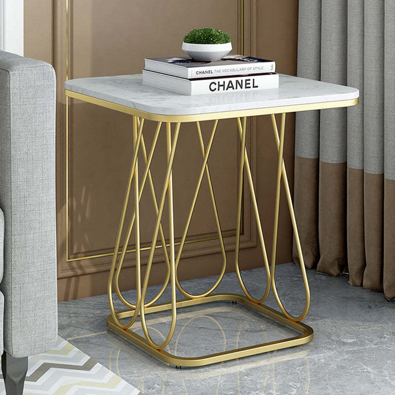 Contemporary Sintered Stone Metal 2-Tier Square End Table — Single Layer Gold Frame + White Table Top