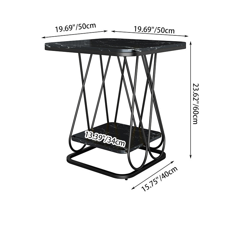 Contemporary Sintered Stone Metal 2-Tier Square End Table — Single Layer Gold Frame + Black Table Top