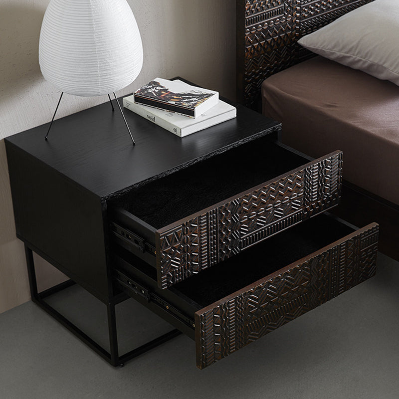 Contemporary Wood Carving Cuboid 2-Drawer Nightstand