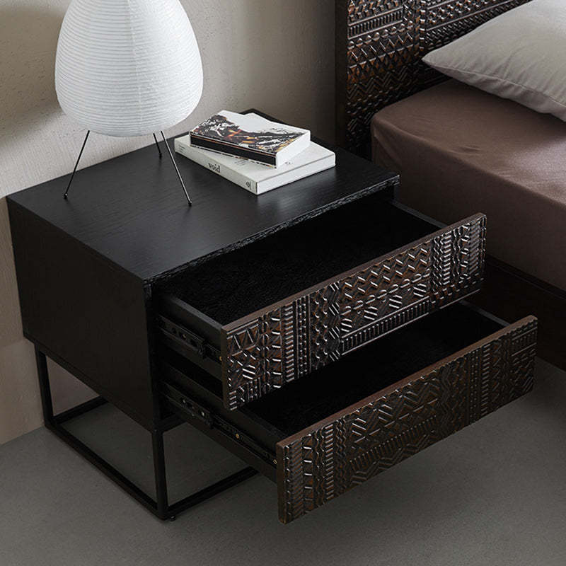 Contemporary Wood Carving Cuboid 2-Drawer Nightstand