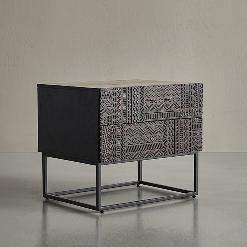 Contemporary Wood Carving Cuboid 2-Drawer Nightstand
