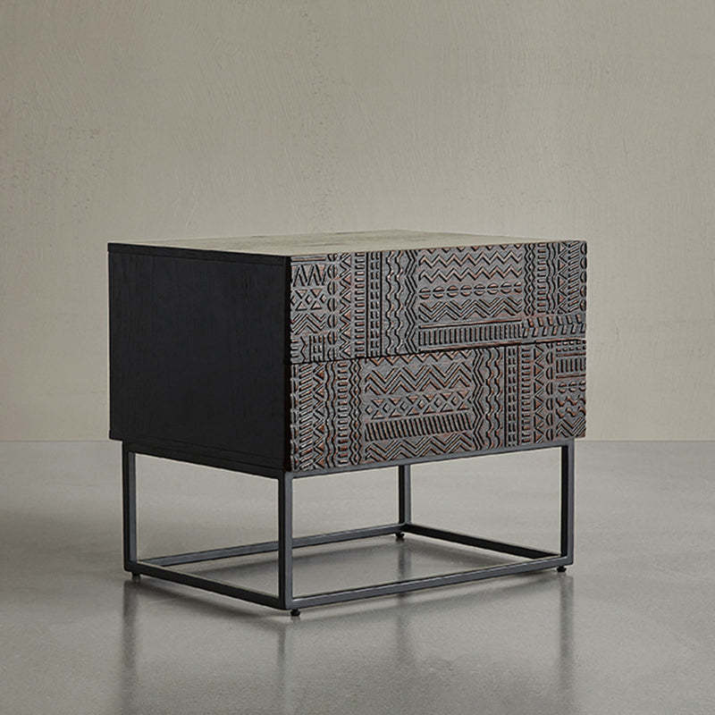 Contemporary Wood Carving Cuboid 2-Drawer Nightstand