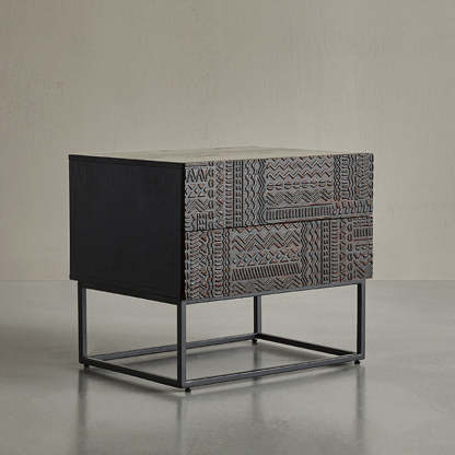 Contemporary Wood Carving Cuboid 2-Drawer Nightstand