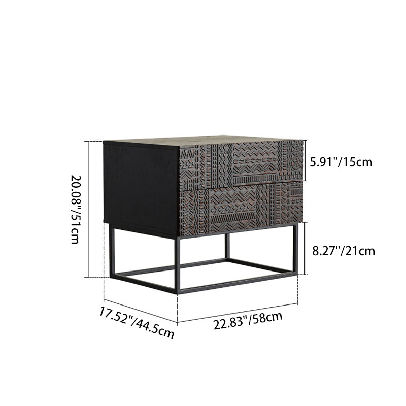 Contemporary Wood Carving Cuboid 2-Drawer Nightstand