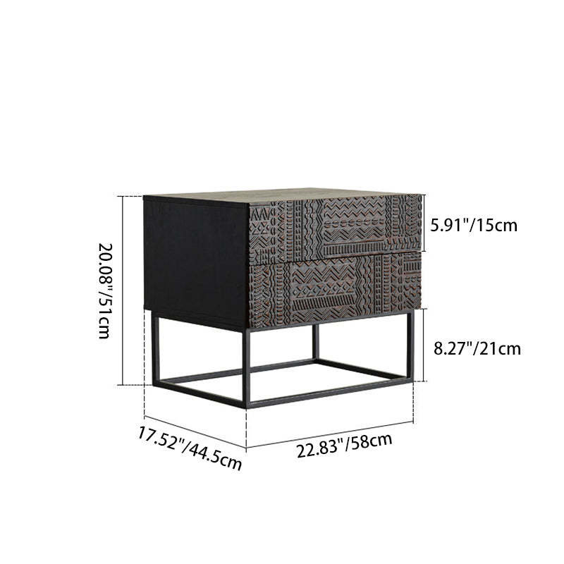 Contemporary Wood Carving Cuboid 2-Drawer Nightstand