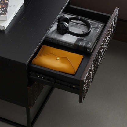 Contemporary Wood Carving Cuboid 2-Drawer Nightstand