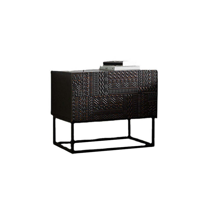 Contemporary Wood Carving Cuboid 2-Drawer Nightstand