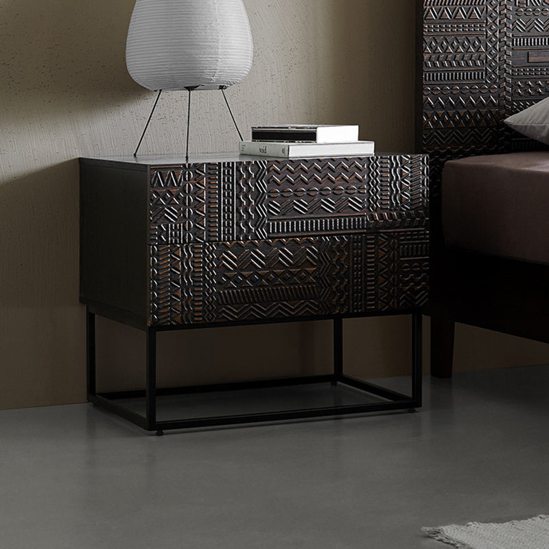 Contemporary Wood Carving Cuboid 2-Drawer Nightstand