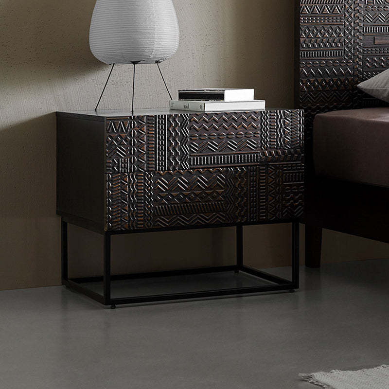 Contemporary Wood Carving Cuboid 2-Drawer Nightstand