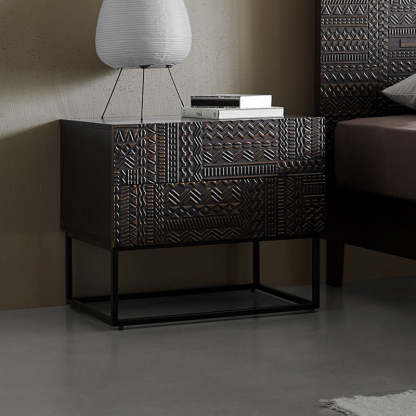 Contemporary Wood Carving Cuboid 2-Drawer Nightstand