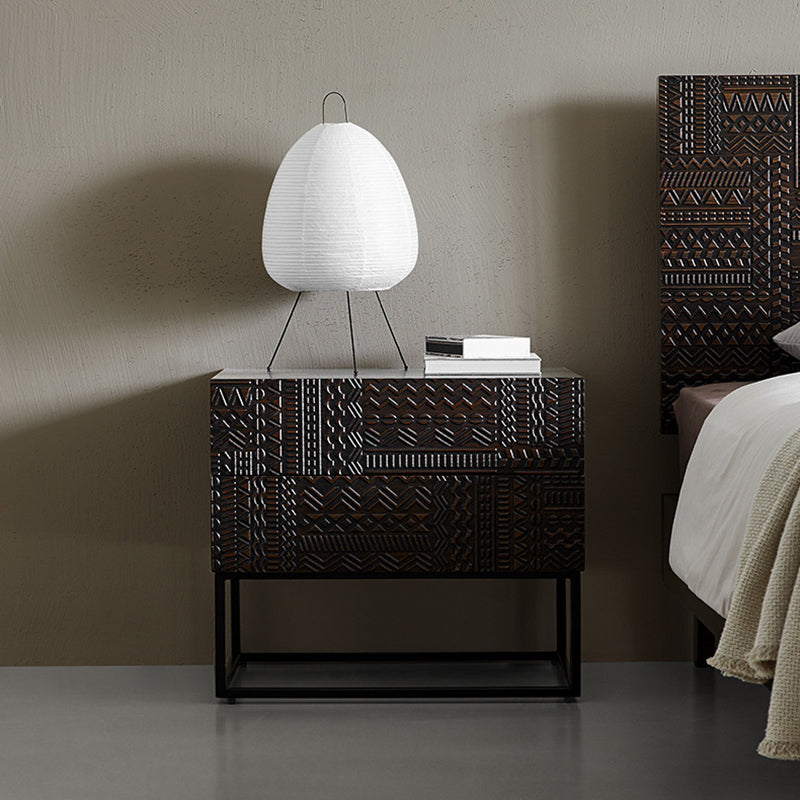 Contemporary Wood Carving Cuboid 2-Drawer Nightstand